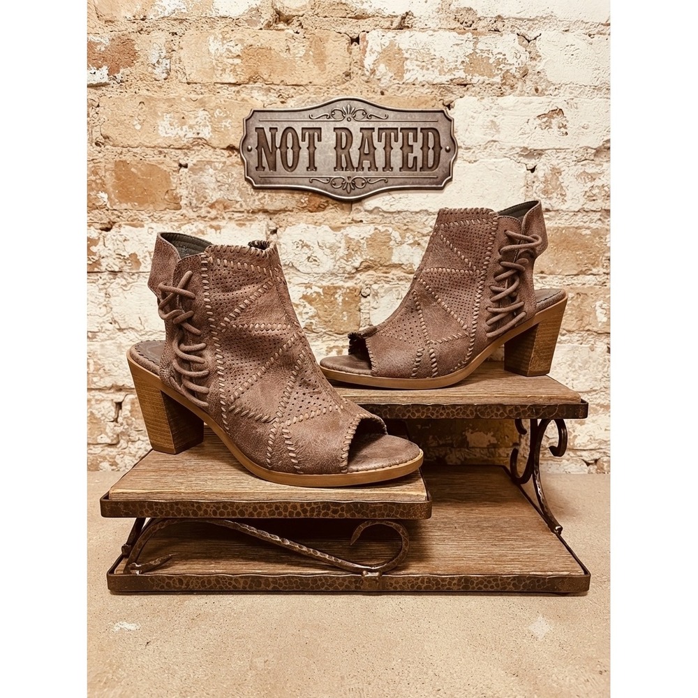 Not Rated Taupe Whipstitch Lace Up Open Toe Block Heel Booties western Boho 10